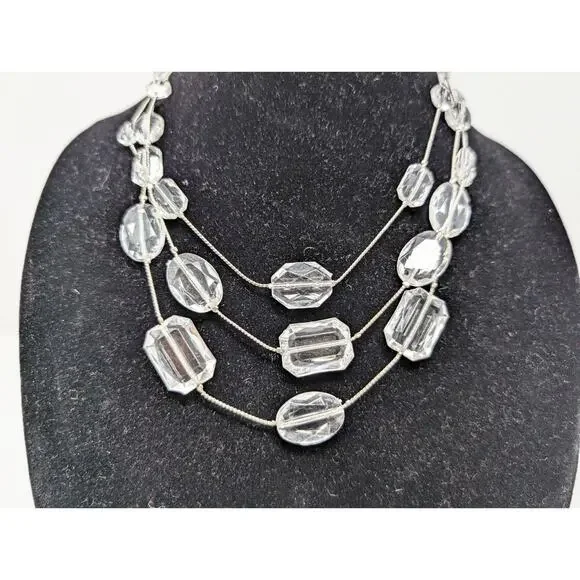 Robert Rose Necklace Earrings Set Clear Silver Tone Acrylic Multi Strand Clip On - Picture 3 of 13